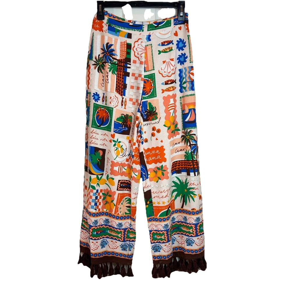 NWT SugarLips Tassel Trim Postcard Tropical Print Wide Crop Fringe Pants Size XS